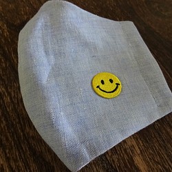 夏マスク♪つい笑顔になってしまう♡子供用SMILEマスク♡ブルーのリネンシャンブレー 1枚目の画像