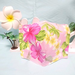 《即日発送》《送料無料》ハワイアン柄 キラキラ花柄×パームツリー ピンク さらさら大きめ立体マスク 1枚目の画像