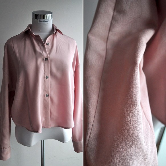 着物リメイク　ペールピンクと梨柄着物のドッキングシルクショートシャツ　 1枚目の画像