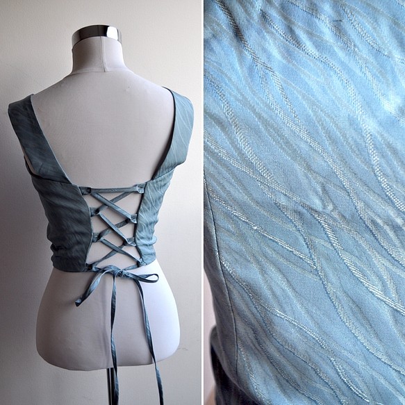 着物リメイク ブルー無地　正絹着物で作った編み上げビスチェ (S22)