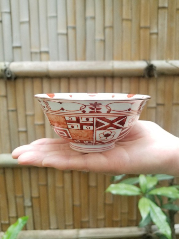 【京焼清水焼】赤絵市松紋飯碗(小） 1枚目の画像