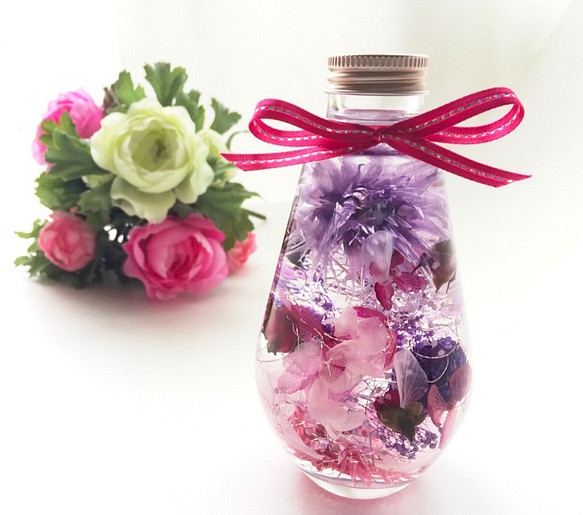 ハーバリウム プリザーブドフラワー 紫 ピンク ドライフラワー お供え 仏花 ペット供養 誕生日 セール 激安 1枚目の画像