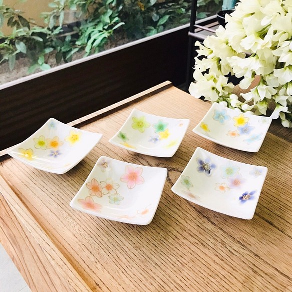 【特別セット価格】清水焼 角豆皿 桜シリーズ 5色セット 1枚目の画像