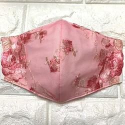 コーラルピンク花柄レースマスク♡現品発送。 1枚目の画像