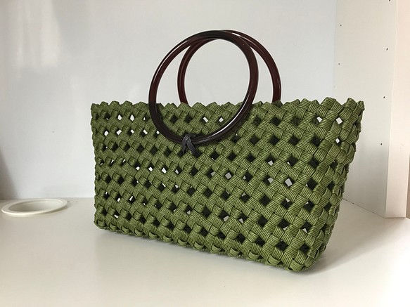 かごバッグ 石畳編み 緑 1枚目の画像