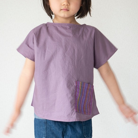 紫薄手コットンのフレンチスリーブ半袖シャツ/110cm 1枚目の画像