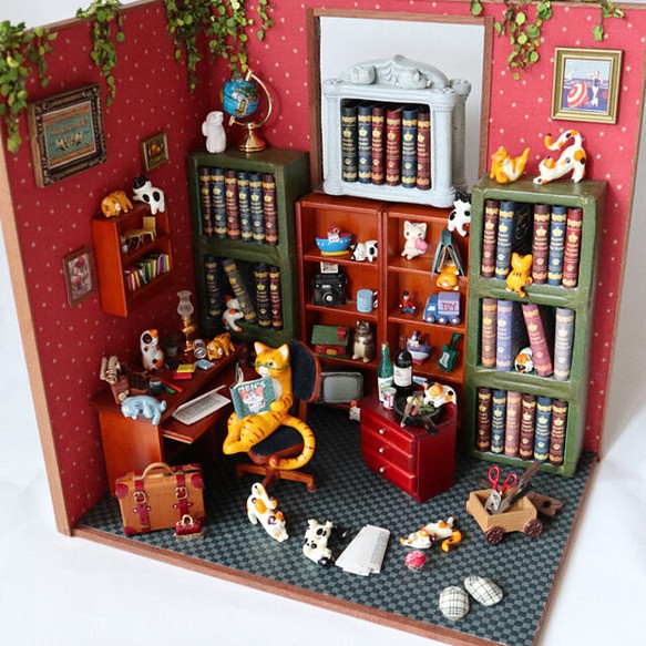 ミニチュア　ドールハウス『猫の書斎』　難あり 1枚目の画像