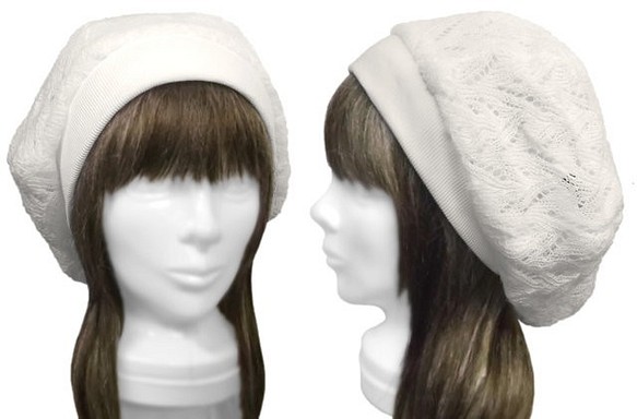 透かし織ウールニット／リブ付ベレー帽(ゆったり)◆オフホワイト 1枚目の画像