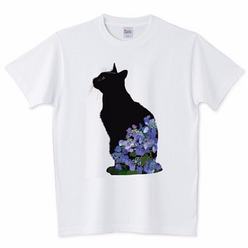 083黒猫あじさいTシャツ【男女兼用タイプ】 Tシャツ iwaimura 通販