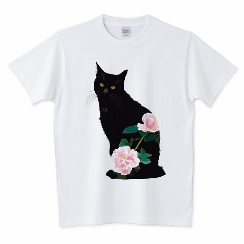 084黒猫バラTシャツ【レディースタイプ／男女兼用タイプ】 1枚目の画像