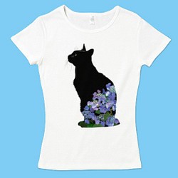 [NEW]黒猫とあじさいTシャツ レディースタイプ［対応サイズ:S～XL］ 1枚目の画像