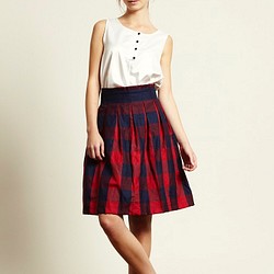 赤 x 紺　上質　リネン混　コットン　タック　ギンガムチェック　スカート 1枚目の画像