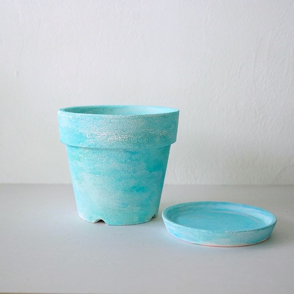 変化するミントブルーの植木鉢　リム型ポットL＋トレイ　mint blue flower pot 1枚目の画像