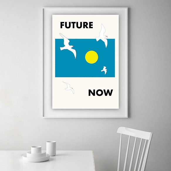 グラフィックデザインポスター FUTURE NOW / カモメ 空 太陽 月 イラスト ホワイト ブルー スタイリッシュ 1枚目の画像