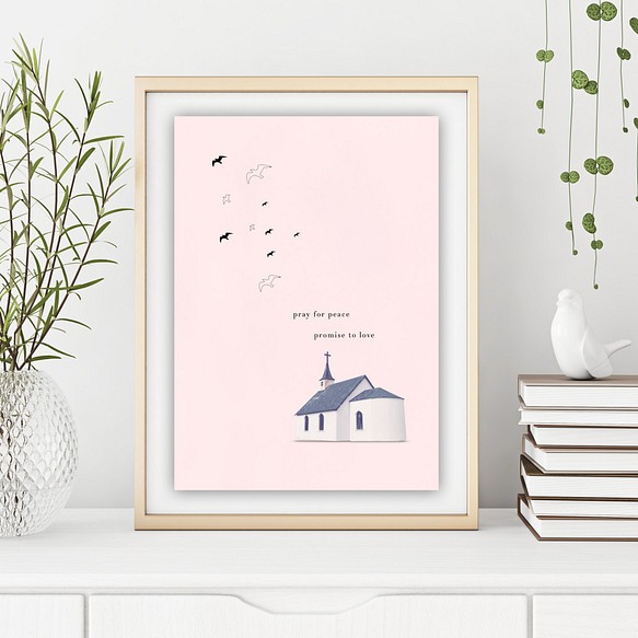 グラフィックデザインポスター love and peace / 教会 鳥 イラスト ピンク ウェディング コラージュ 1枚目の画像