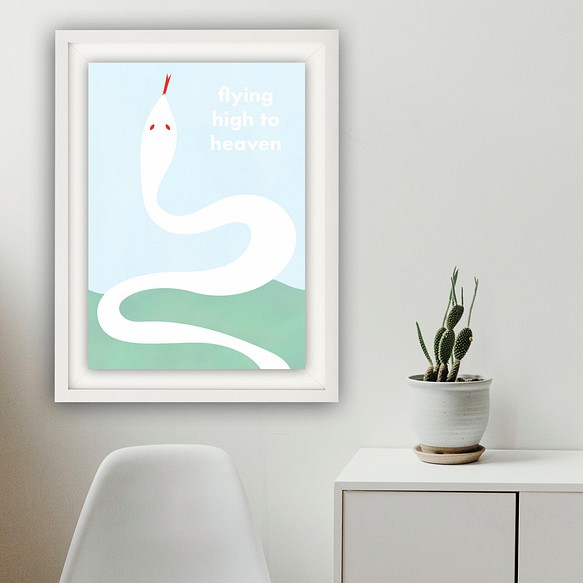 グラフィックデザインポスター flying high-snake-/白 ヘビ 空 水色 パステル ポップ イラスト 幸運 1枚目の画像