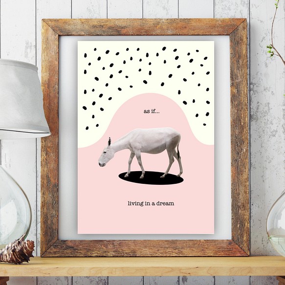 グラフィックデザインポスター as if living in dream/ 夢の中　白い動物と水玉の空とピンクの世界 1枚目の画像