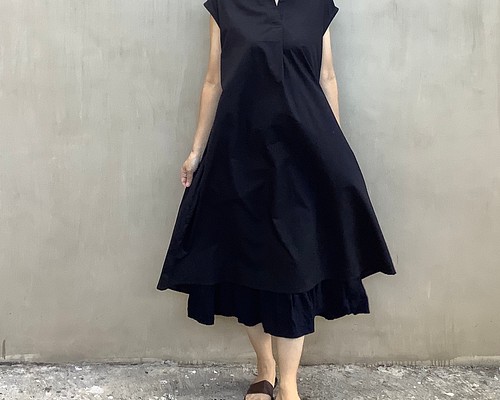 SOLD】コットンワンピース／手染め黒/baju-c-black／◉見せペチコート