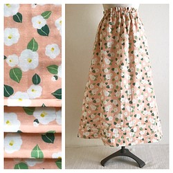 SALE!ダブルガーゼのAラインスカート（85cm丈）：椿の庭（ピンク） 1枚目の画像