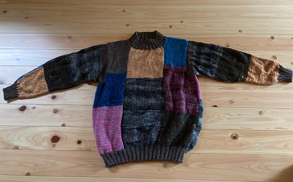 メンズ　手編み　パッチワークセーター 1枚目の画像