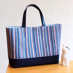 秋季彩色條紋手工編織布手提袋（藍色） 第1張的照片