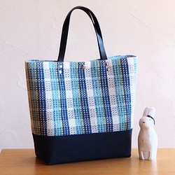[SALE]方形手提包，配以手工編織的鄉村格紋（藍色） 第1張的照片