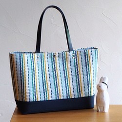 [SALE]夏季多條紋手工編織布手提袋（藍色） 第1張的照片