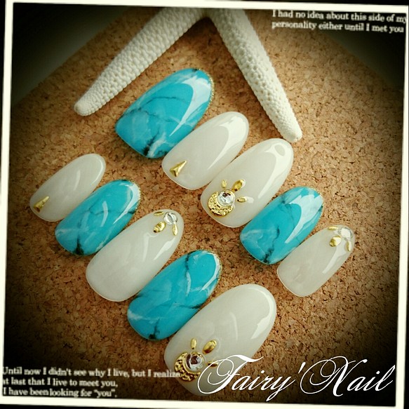 人気 透け感ホワイト ターコイズネイル ジェルネイル ネイルチップ ネイルシール Fairy Nail 通販 Creema クリーマ ハンドメイド 手作り クラフト作品の販売サイト