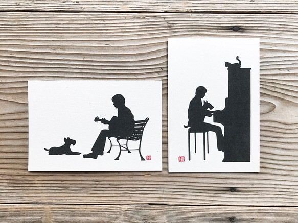 犬と子猫のポストカード　4枚組　「ピアノ」「ギター」 1枚目の画像