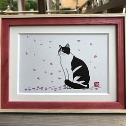 猫のポストカード　フレーム付き　「桜」 1枚目の画像