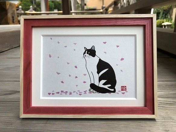 猫のポストカード　フレーム付き　「桜」 1枚目の画像
