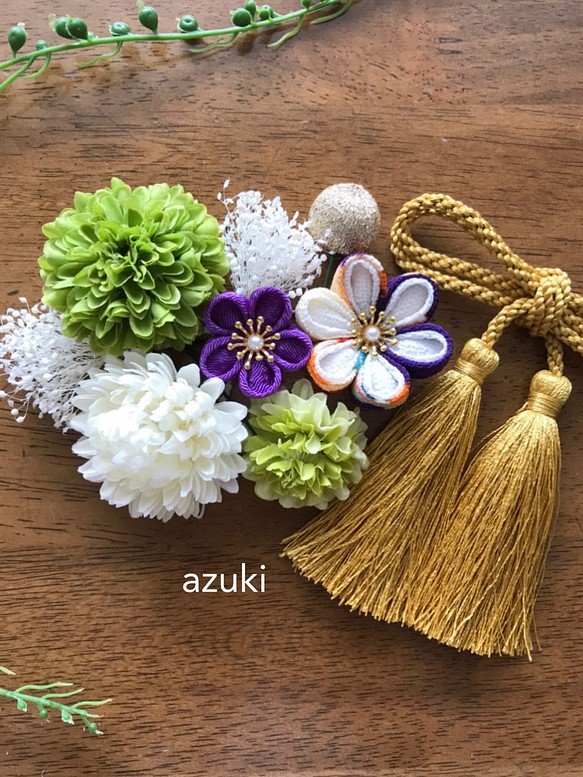 つまみ細工 髪飾り 成人式 卒業式 和装 白 緑 紫 かんざし azuki 通販