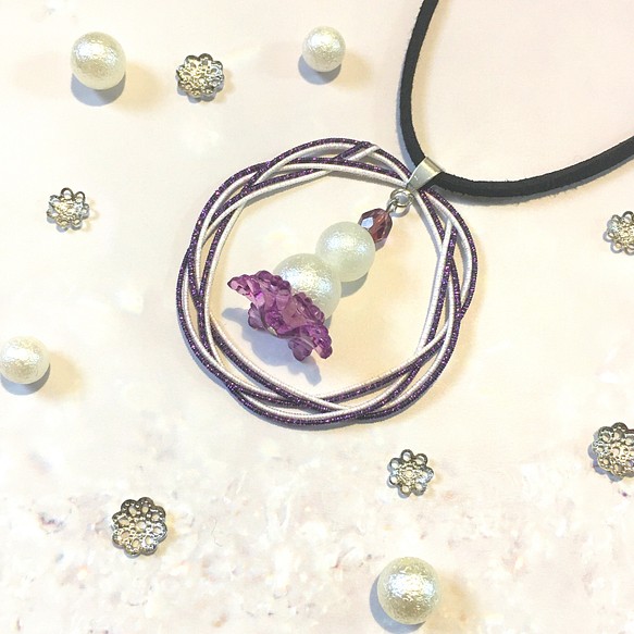 水引の輪っか＆雪だるまのネックレス（紫色） 1枚目の画像