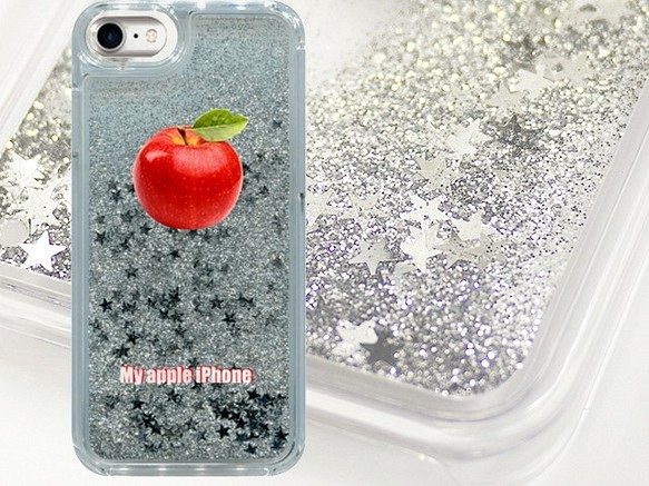 私のりんご♡銀の星ラメ・キラキラ iPhoneグリッタースマホケース 1枚目の画像