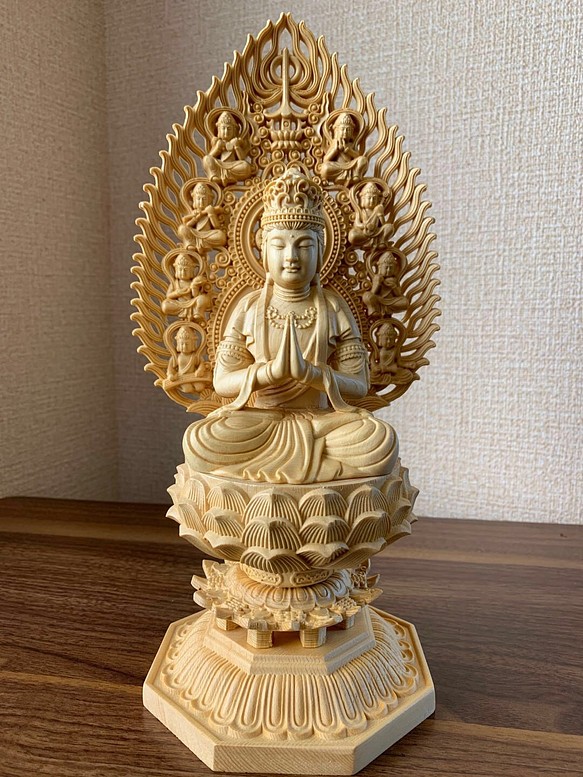 最高級 木彫り 仏像 三面普賢菩薩座像 財前彫刻 仏教工芸品 柘植材