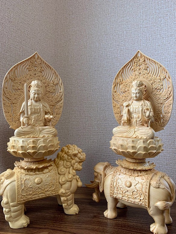 極上品 仏像 木彫 供養品 文殊菩薩 普賢菩薩像 仏教美術-