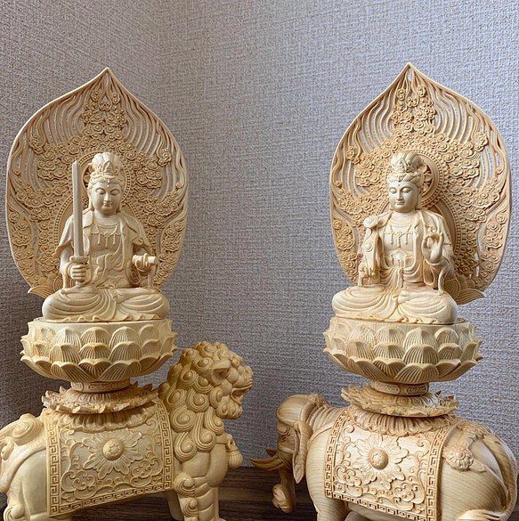 文殊菩薩 普賢菩薩一式 開運風水 木彫仏像 供養品 極上品 仏教工芸品