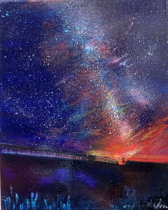 アクリル原画「夕暮れに沈みゆく太陽と星屑たち」F3キャンバス