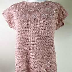手編みサマーニットセーター（ピンク・ビーズつき） 1枚目の画像