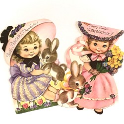 復古賀卡復活節快樂2件套｜兔子和女孩（美國） 第1張的照片