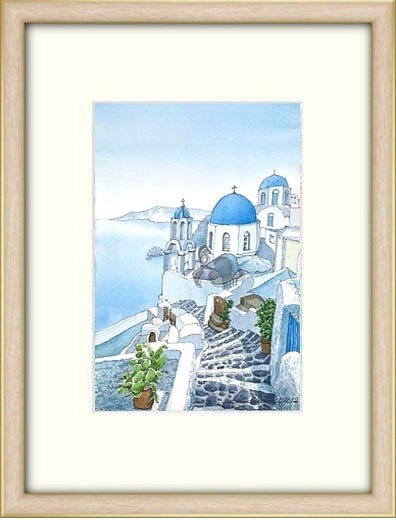 ギリシャ　サントリーニ島の教会とエーゲ海を描いた透明水彩原画です。原画ですので１枚限りです。 1枚目の画像