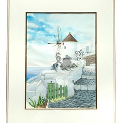 原画　透明水彩画　サントリーニ島 風車 1枚目の画像