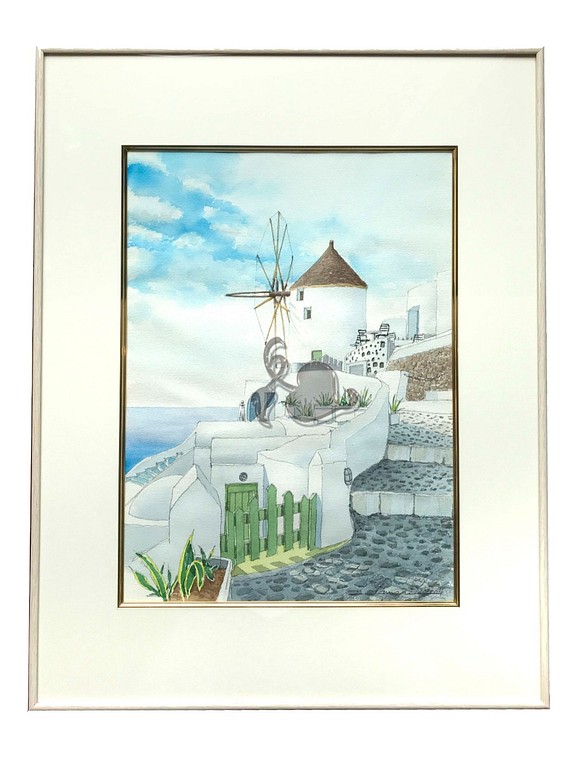 原画　透明水彩画　サントリーニ島 風車 1枚目の画像