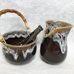 陶器 水割りセット大（アイスペール＋ピッチャー）茶　トング付き 1枚目の画像
