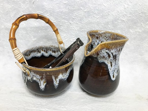 陶器 水割りセット大（アイスペール＋ピッチャー）茶　トング付き 1枚目の画像