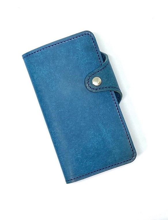 プエブロ　イタリアンレザー　iPhone SE2/8/7 手帳型ケース　　本革　ヌメ革　一枚革　ブルー 1枚目の画像