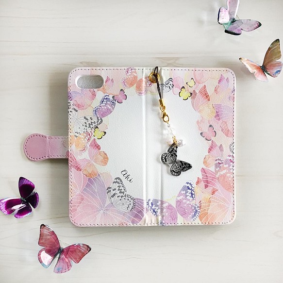 【スマホショルダーにもなる】蝶々の手帳型スマホケース　ピンク　壁紙&ストラップ付き 1枚目の画像