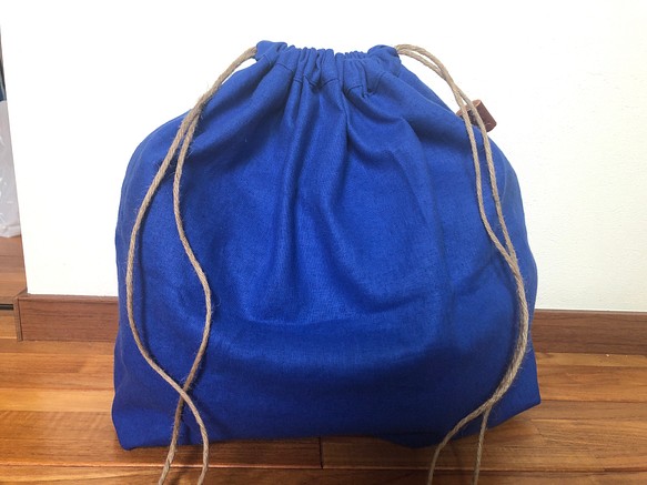 バッグの中身隠し 内袋 超ビッグ巾着袋  ブルー 青 リネン100% 1枚目の画像
