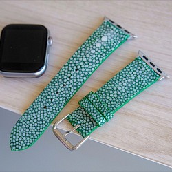 高級革使用 スティングレイ　エイ革　スターマーク　Applewatchベルト　腕時計 バンド　本革　グリーン 1枚目の画像