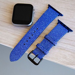 キャンペン中 高級革使用】スティングレイ　エイ革　Applewatchベルト　腕時計 バンド　ブルー 1枚目の画像